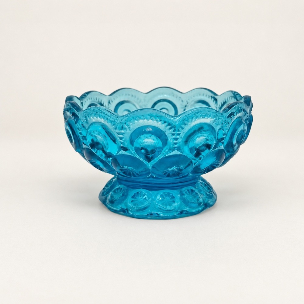 Vintage LE Smith Moon & Stars Blue Pressed Glass Footed Compote Candy Dish
